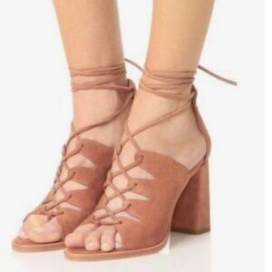 Loeffler Randall Helene Size 8 Bronzer Brown Lace-Up Split Suede Sandals Heels